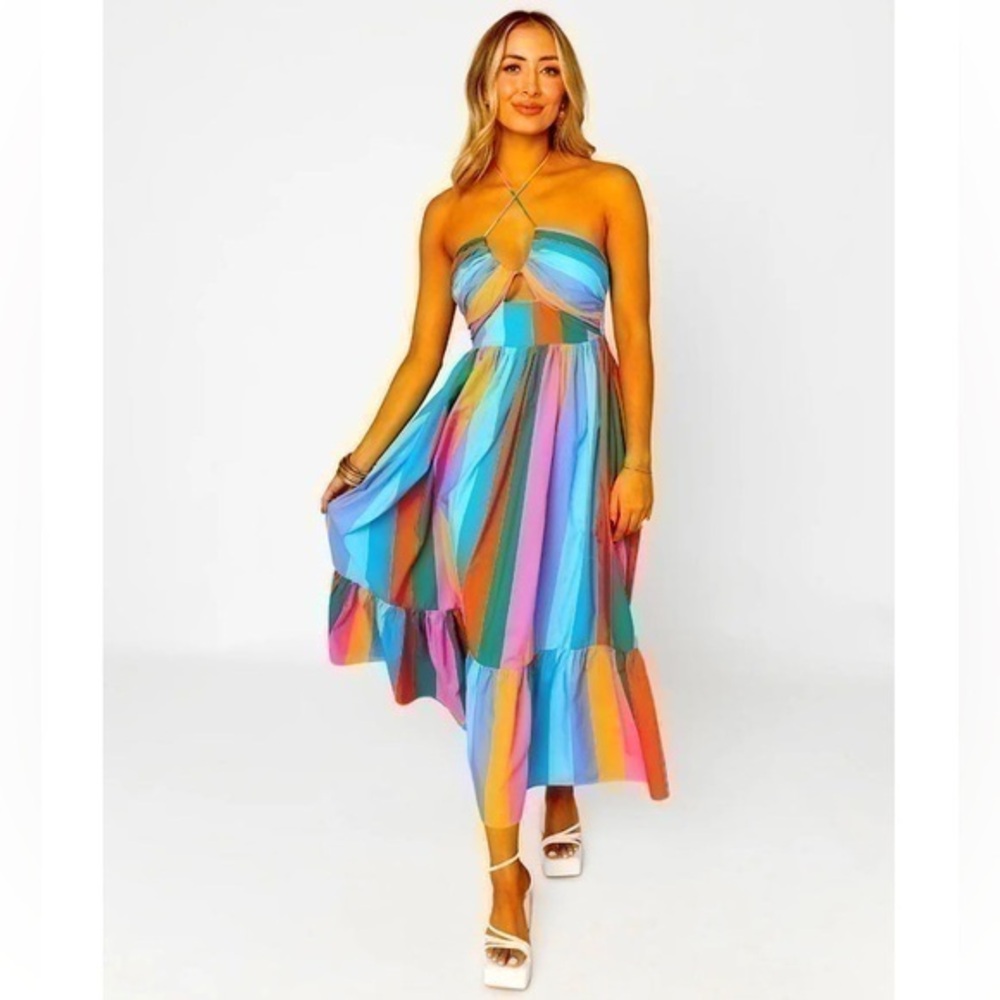Buddy Love Multicolor Striped Midi Dress - Teal, Pink, Orange